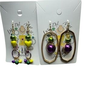 Handmade Mardi Grass earrings with the traditional colors of the festivities.
